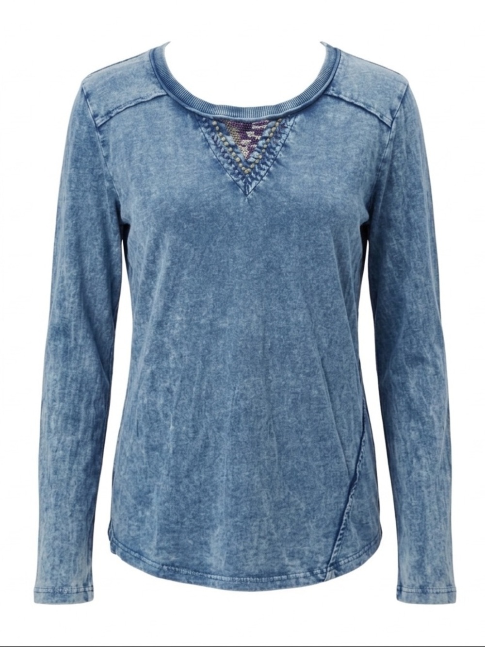 Spense Blue Acid Wash Boho Top Embroidered Y2K Long Sleeve Tee- Medium - Picture 1 of 9